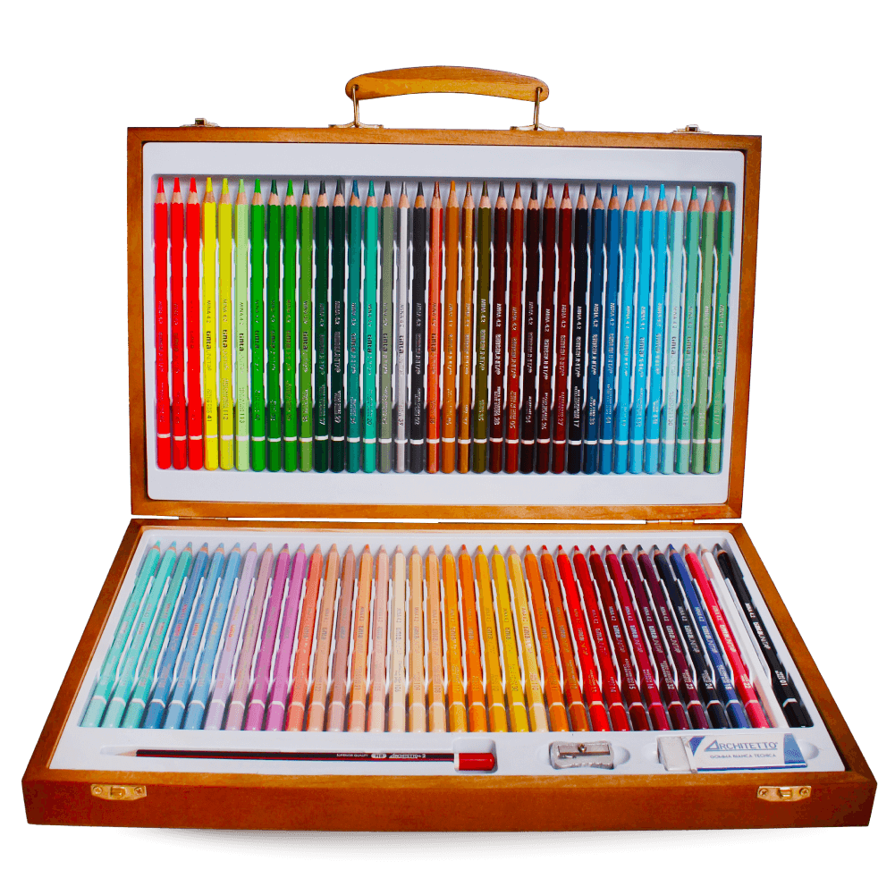 Tinta Unita Valigetta in legno con 72 pastelli colorati